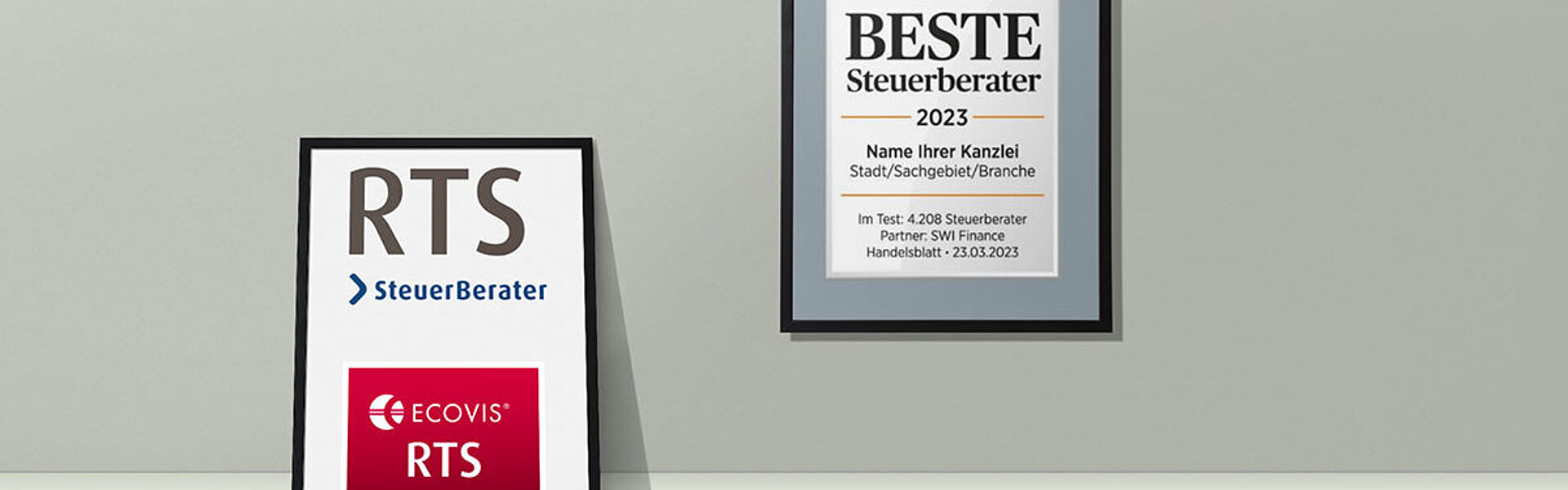 Handelsblattauszeichnung - RTS wurde als einer der besten Steuerberatern 2023 ausgezeichnet Zwei gerahmte Zertifikate, das linke von RTS Steuerberater und ECOVIS RTS, das rechte vom Handelsblatt mit der Auszeichnung "BESTE Steuerberater 2023".