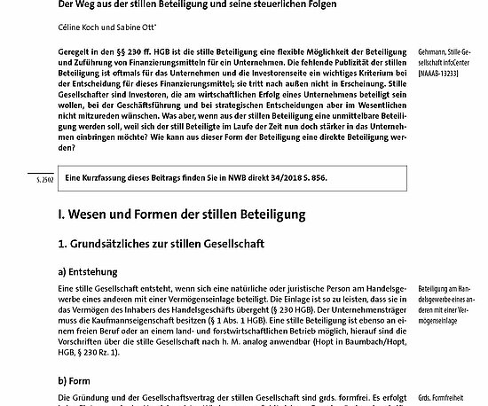 nwb Fachartikel Celine Koch Sabine Ott Umwandlung einer atypisch stillen Beteiligung