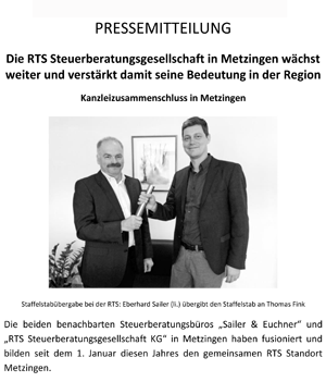 Pressemitteilung-Fusion-Steuerberater-Metzingen-2015-1 Fusion Steuerberater Metzingen, Thomas Fink von der RTS