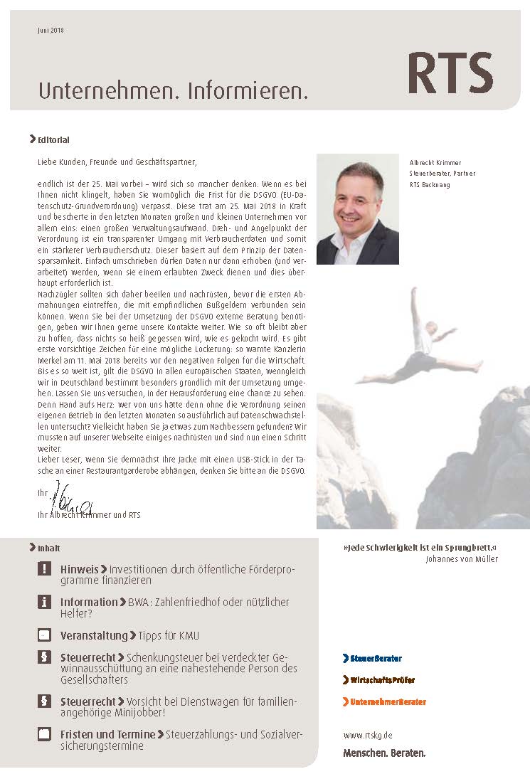 RTS Steuerberater Kundenmagazin Unternehmen Informieren Juni 2018