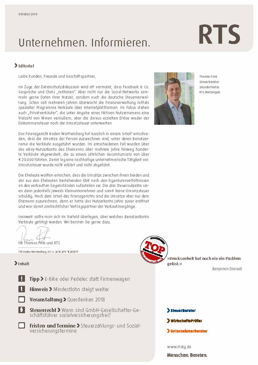 RTS Kundenmagazin Unternehmen Informieren Oktober 2018