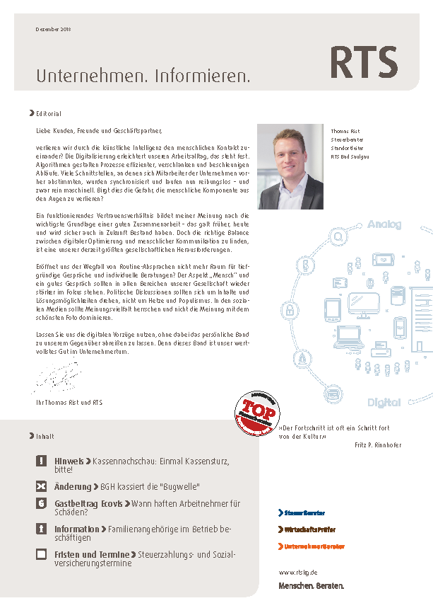 Magazin RTS Unternehmen.Informieren Dezember 2018 RTS Steuerberater Kundenmagazin Unternehmen Informieren Dezember 2012